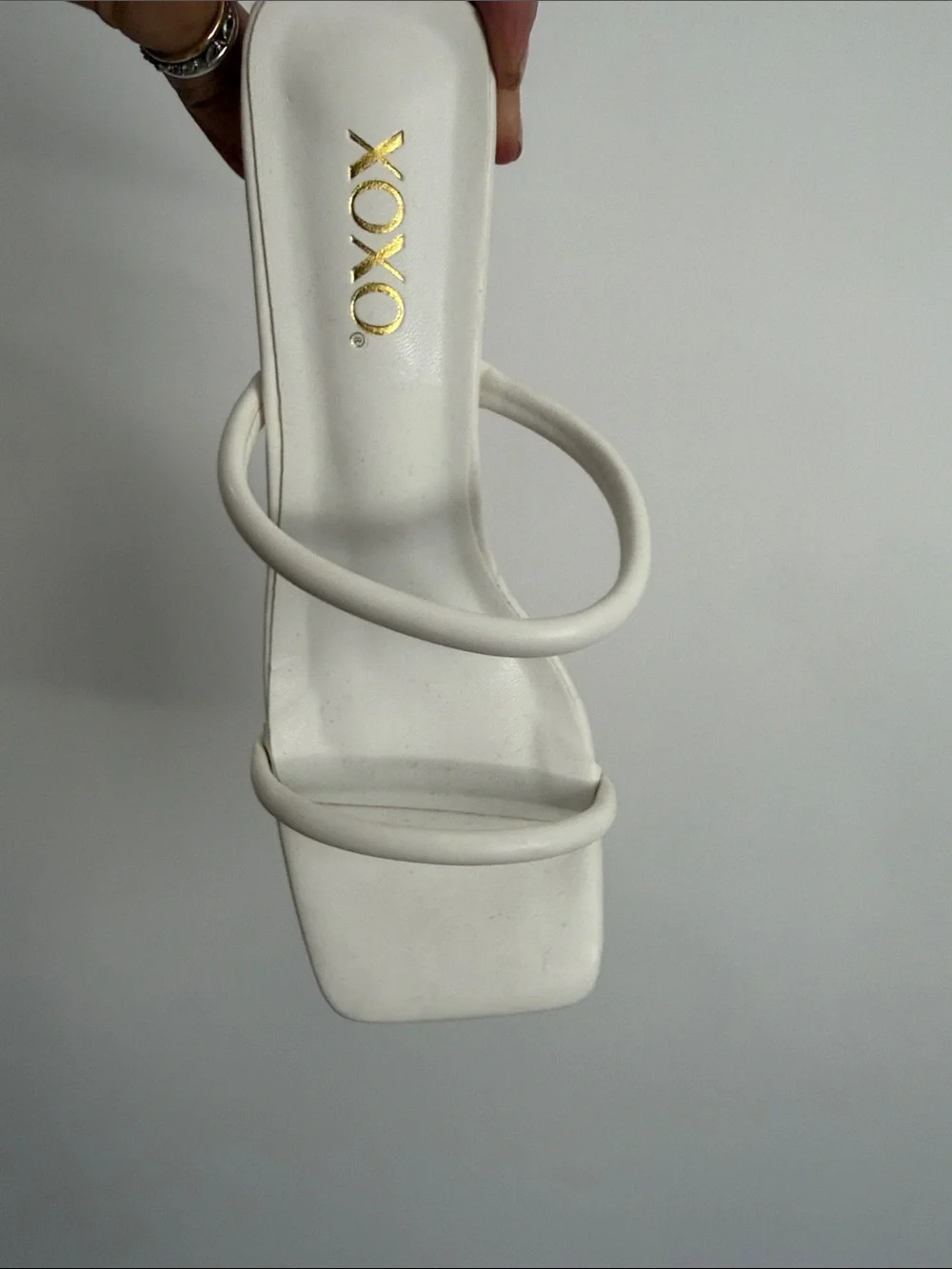 XOXO White Double-Strap Square-Toe Heeled Sandals
